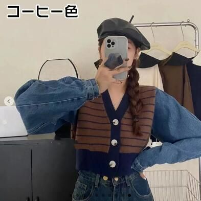 ニットカーディガン レディース ニットカーデ トップス カーディガン 開襟 ボーダー柄 切り替え 異素材 デニム袖 ゆったり 長袖 秋物 ニッ