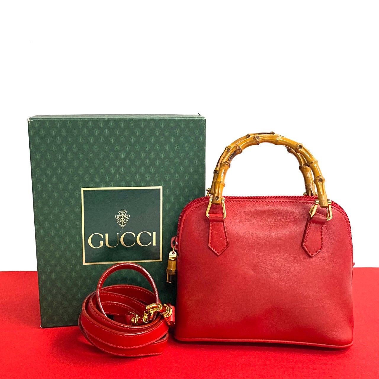 極 美品 箱付き GUCCI グッチ バンブー オールドグッチ レザー 本革 2way ハンドバッグ ミニ ショルダーバッグ ポシェット レッド  87688 - メルカリ