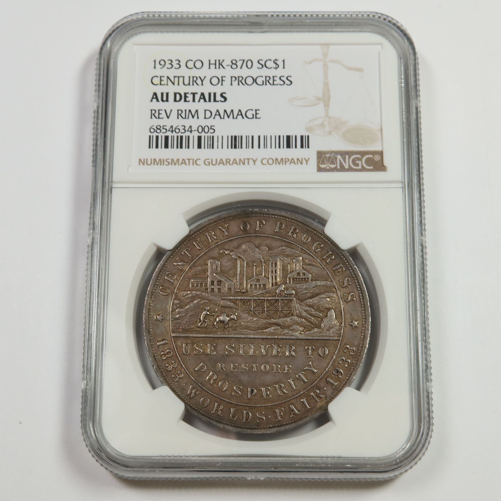1933 NGC AU Detail 1 oz Silver Century of Progress So Called Dollar Coin
