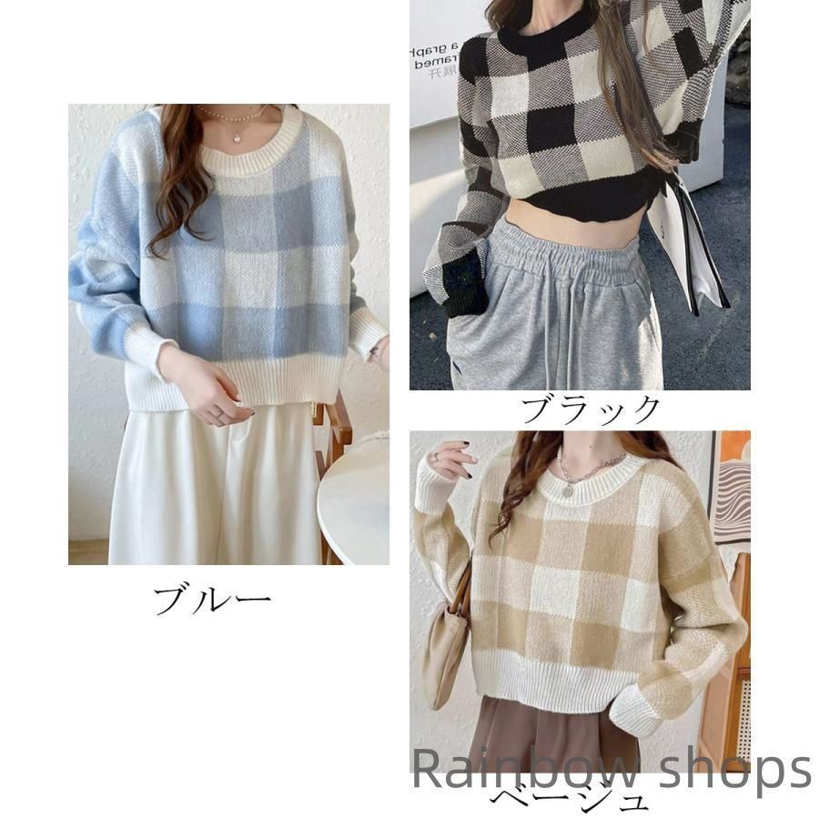  チェック柄ニット ショート丈 長袖ニット VPNg 939 半袖 ポロシャツ