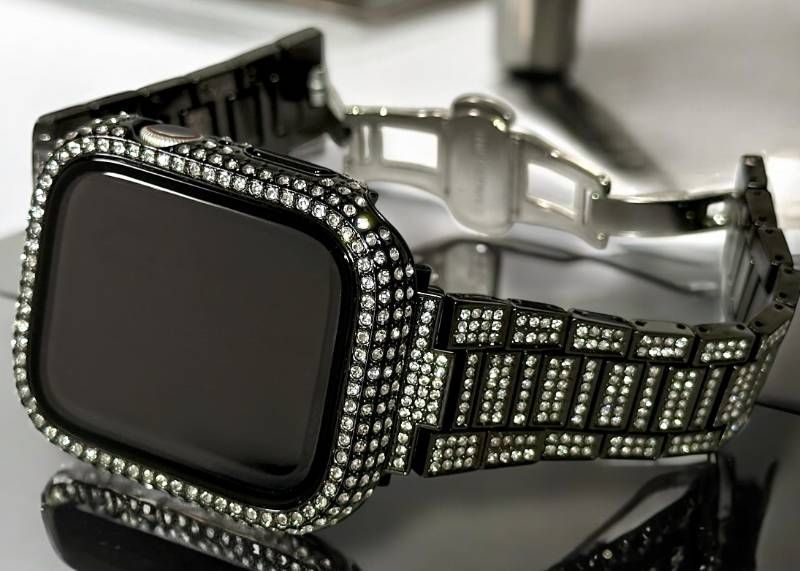 ブラック Apple Watchバンド ステンレスベルト アップルウォッチ画面保護カバー パヴェglassケース キラキラ メッキ 41mm42mm44mm45mm46mm49mm ultra ウルトラ メンズ レディース
