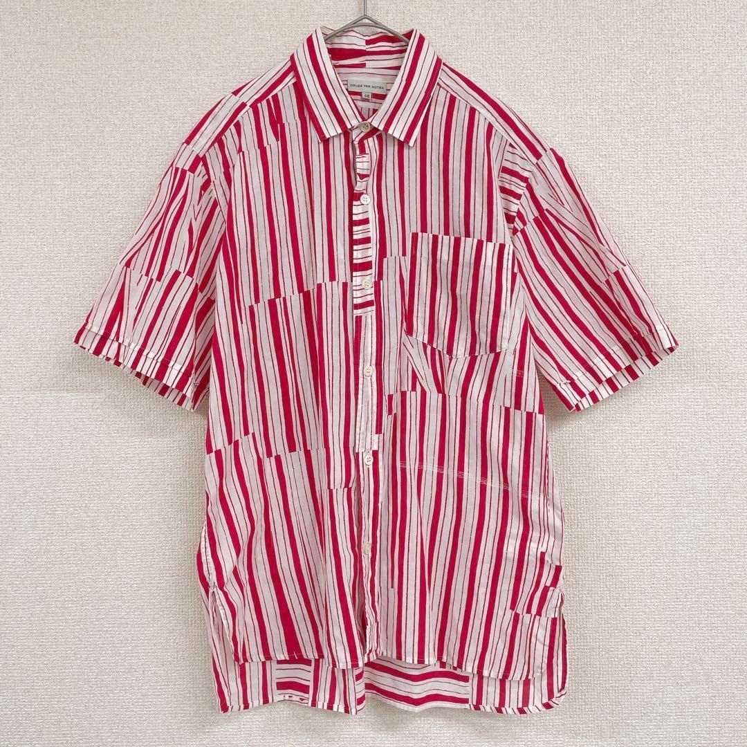 DRIES VAN NOTEN ドリスヴァンノッテン ライカ期 ストライプ シャツ 半袖 スリット コットン 赤 メンズ 48