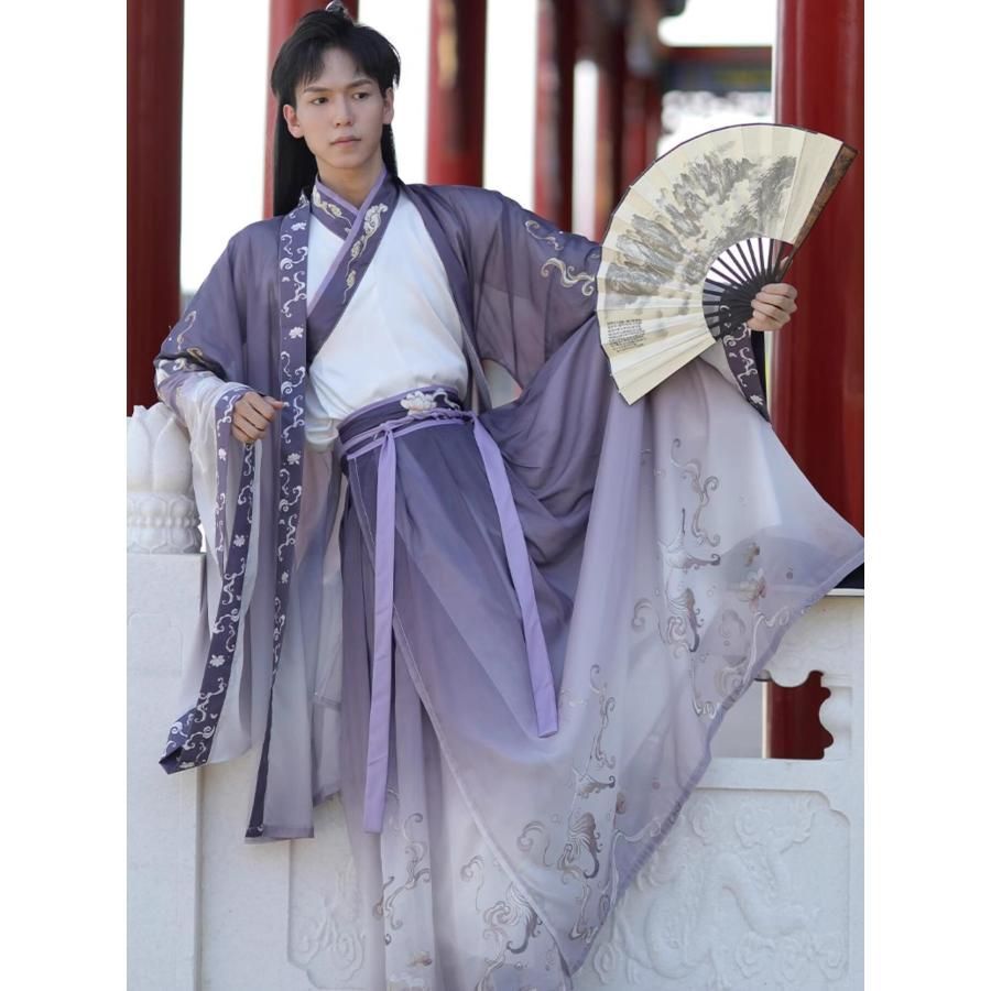 ♥ 紫 グラデーション 漢服 3点セット 大人 男女兼用 おしゃれ 交差襟 ロング丈羽織付き 振り袖 飄逸 メンズ レディース チャイナ服 古代古典 CS00913BJ