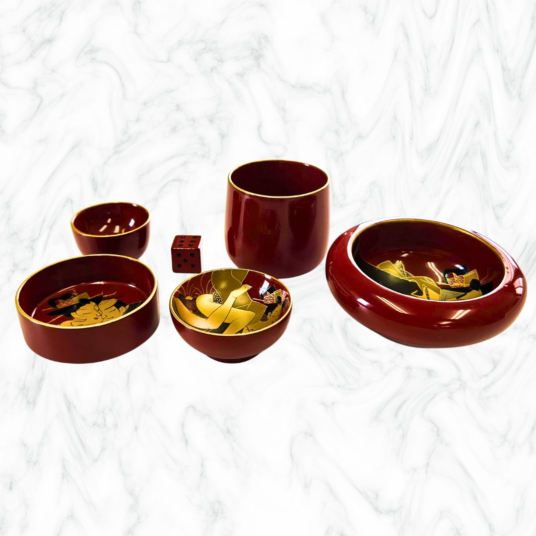 品 春画サイコロ賭博酒器セット 木箱入り 盃5客 サイコロ付 江戸風 艶絵 漆器 日本文化