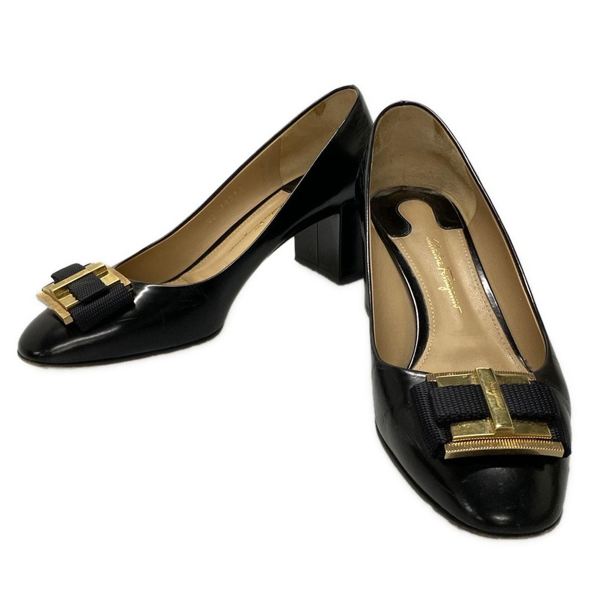 FERRAGAMO|SalvatoreFerragamo サルバトーレフェラガモ パンプス 7 D レディース PRATO55 プラート 黒 リボン|アウトソール張替済 レザー