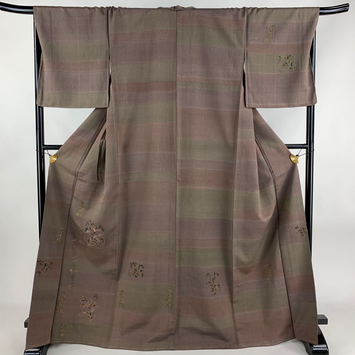 付下げ 身丈165.5cm 裄丈70cm L 袷 枝花 格子 金彩 刺繍 小豆色
