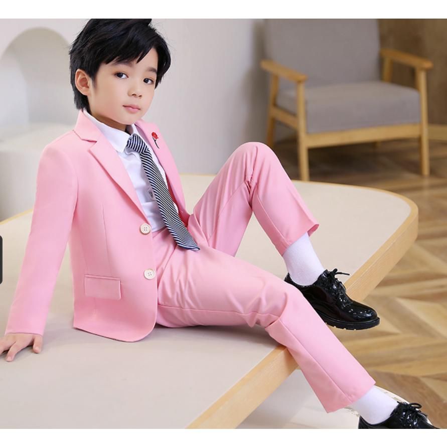 男の子 スーツ 3点セット フォーマル 子ども 発表会 入学式 子供服 子供スーツ カーキ ピンク キッズスーツ ジャケット＋ズボン ネクタイ 子どもスーツ  hab 