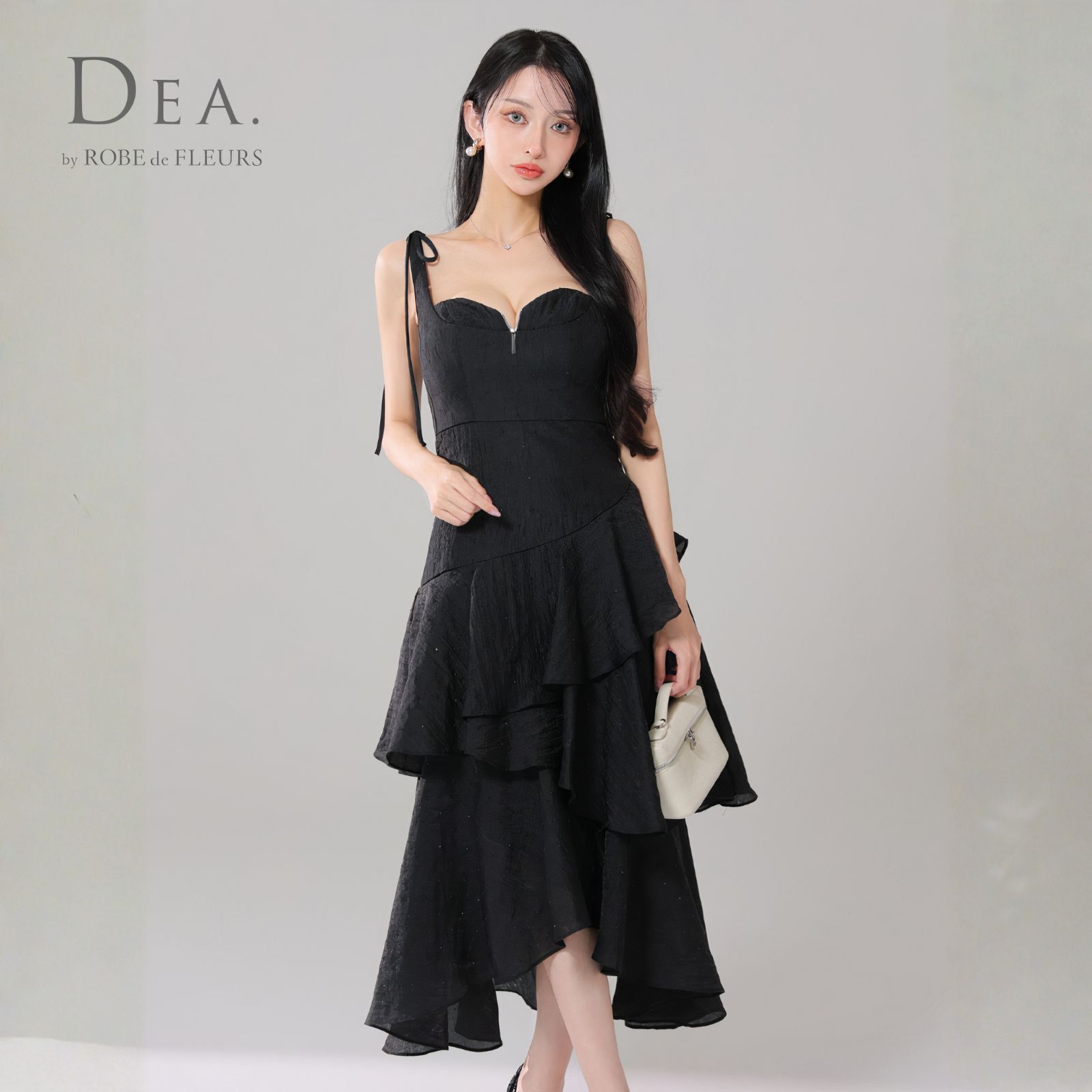 DEA. by ROBE de FLEURS ディアバイローブドフルール ミニドレス DE4304 ドットフリルティアードフ ロングキャバドレス Black