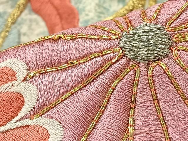 アンティーク 名古屋帯 金駒刺繍 銀糸 扇面華文様 正絹 H325 SO-676 名古屋帯 名古屋仕立て 太鼓柄 正絹 九寸 金銀糸 華 逸品