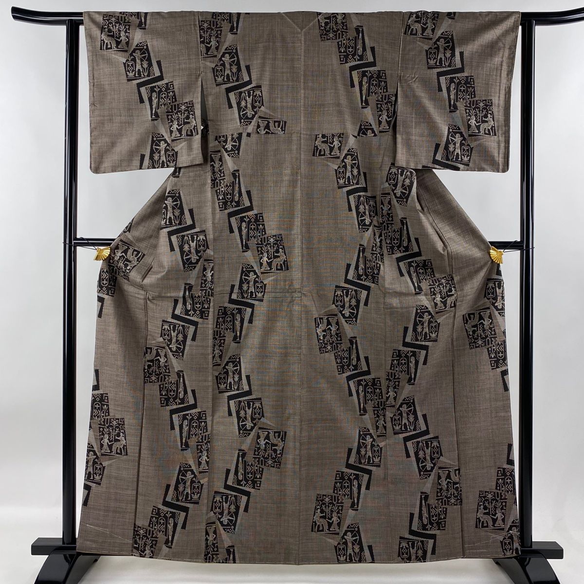 大島紬 身丈162.5cm 裄丈62cm S 袷 純泥染 証紙 色紙 エジプト文様 焦茶色 正絹