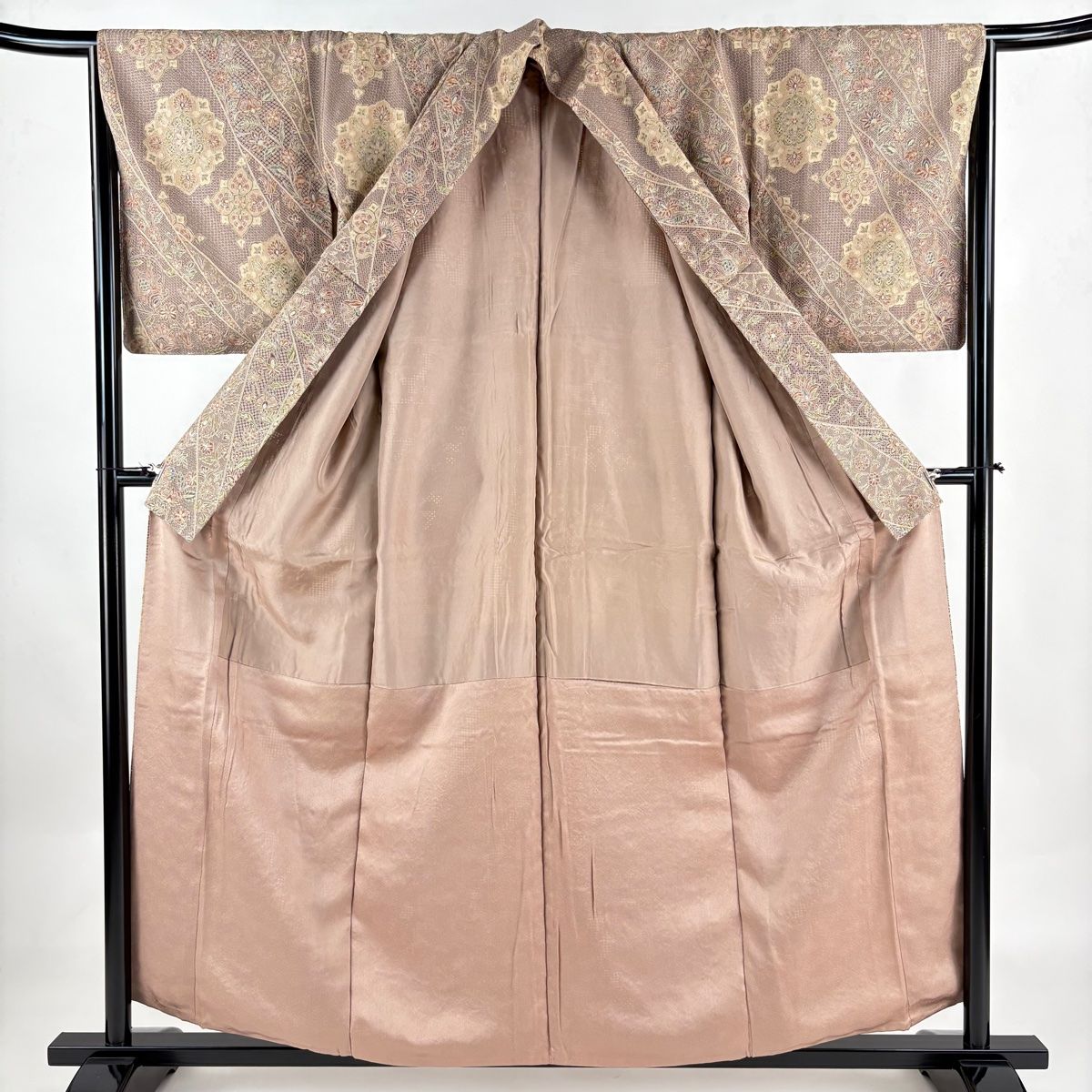 訪問着 身丈157cm 裄丈66.5cm M 袷 華文 草花 総刺繍 薄小豆 正絹 美品  