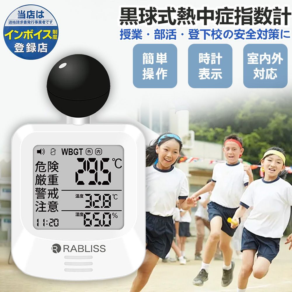 予約商品•6月下旬順次出荷 学校現場の熱中症対策に 10個 黒球式 学校向け 熱中症指数計 熱中症予防 アラーム機能 教職員用 WBGT計測器 時計表示付き 高精度センサー 暑さ指数計 熱中症対策 熱中症計 温湿度計 温度湿度表示 室内外 保育園 幼稚園