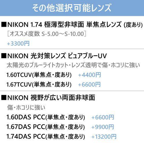 NIKON レンズ付き！調光グレー、ブラウン/度なしクリア/度あり薄型非