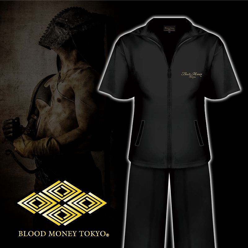 セットアップ ジャージ 阿修羅 半袖+長ズボン 上下 黒×白 BLOOD MONEY 