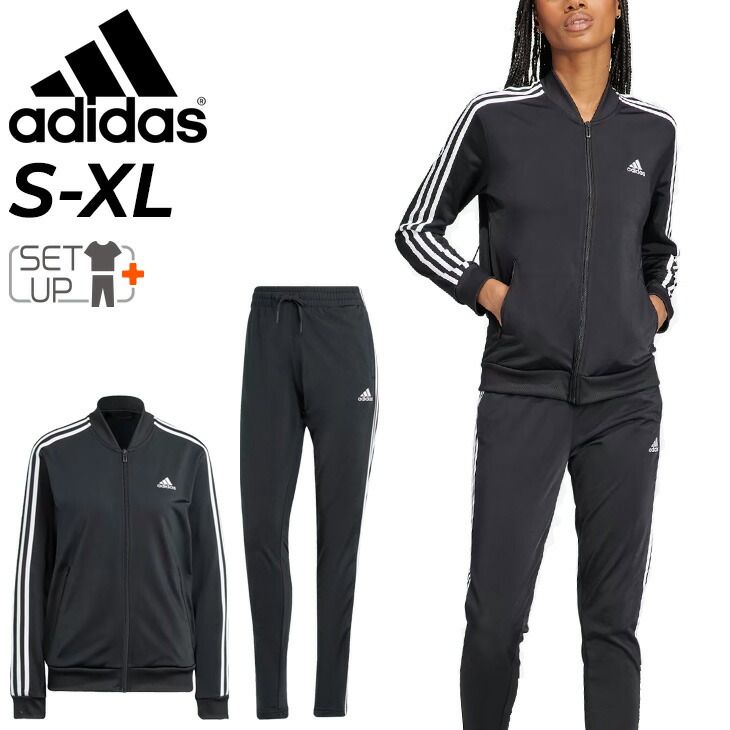 アディダス ジャージ 上下 レディース adidas 3S トラックスーツ ジャケット ロングパンツ セットアップ ジャージー 女性用 スリムフィット トレーニング スポーツウェア ウエア 黒 レディース