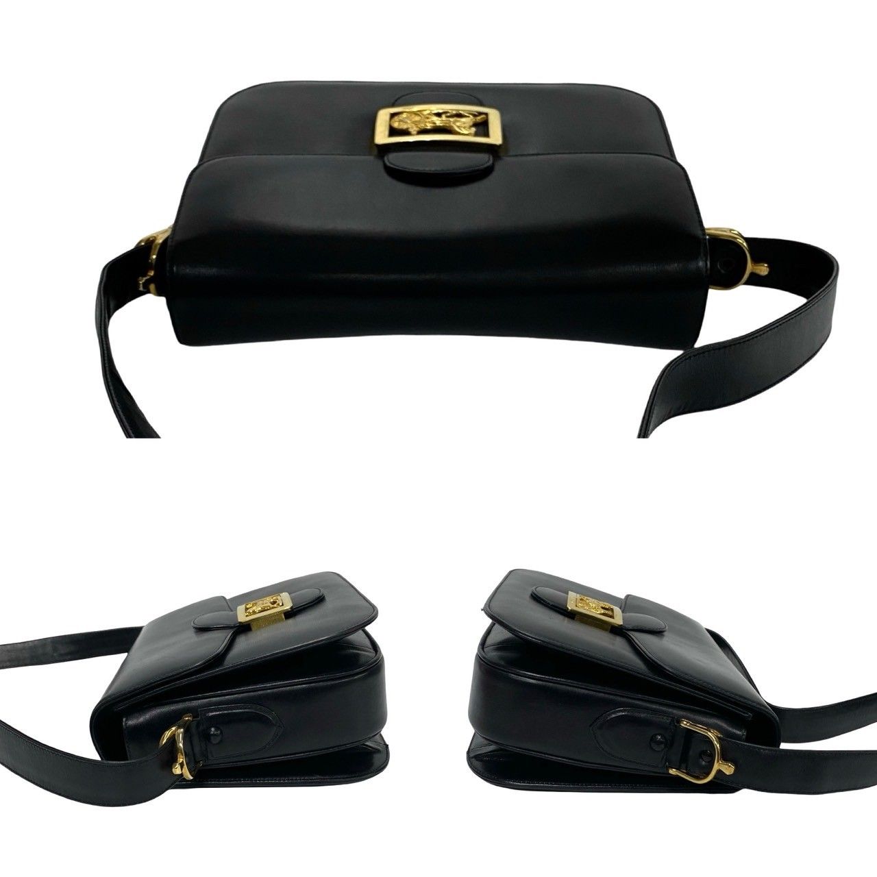 極 美品 袋付き CELINE セリーヌ ロゴ 馬車金具 カーフ レザー 本革 