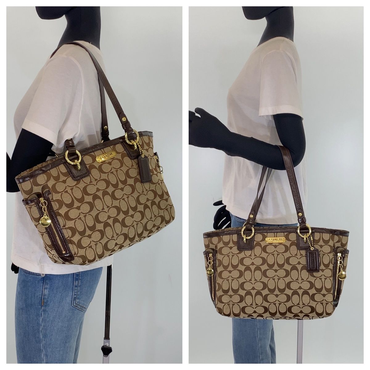 美品 COACH コーチ シグネチャー ブラウン 茶 ゴールド金具 キャンバス 