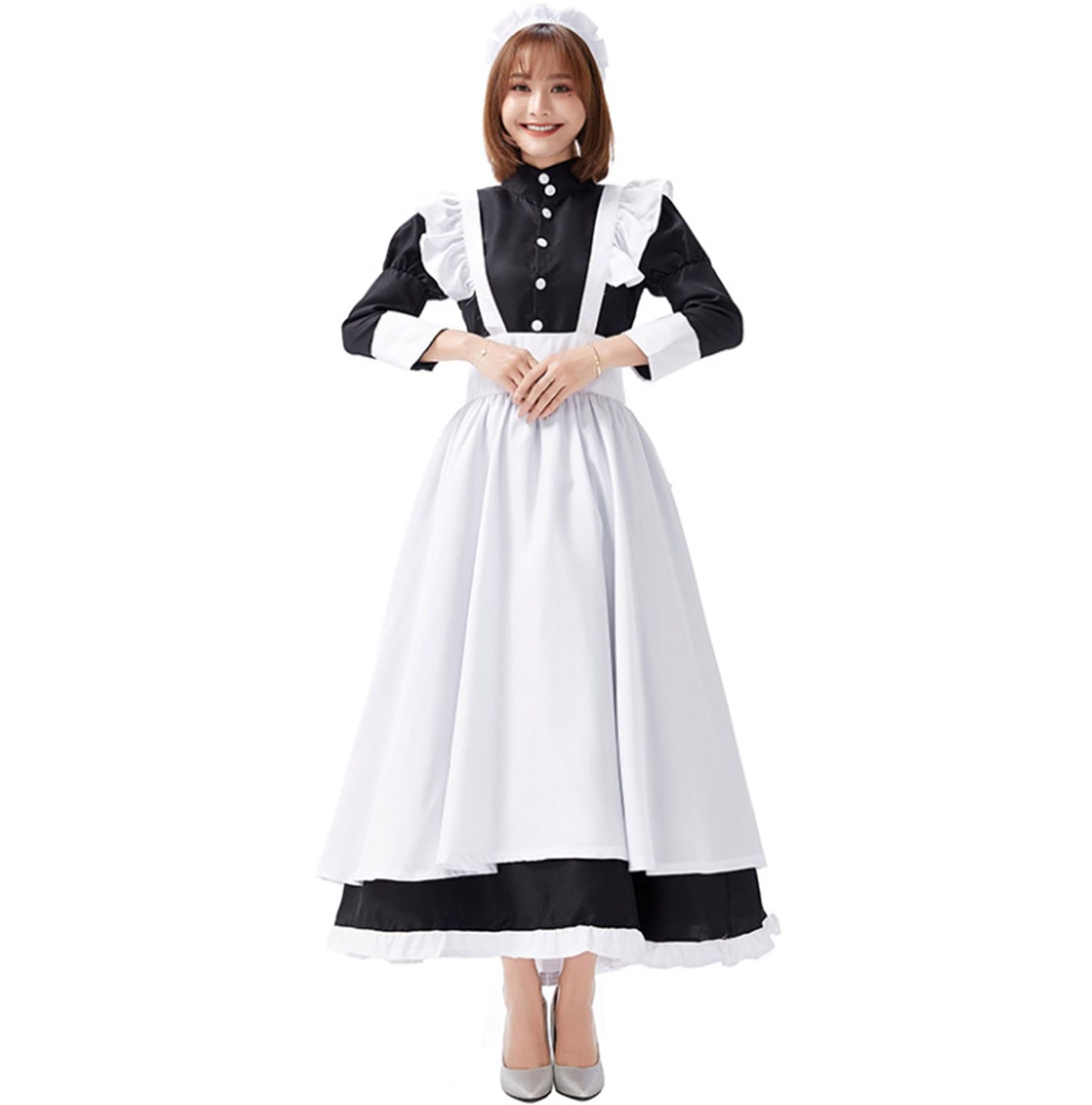 [CosMisty] メイド 長袖 コスプレ ワンピース ハロウィン 衣装 仮装 カチューシャ クラシカル フリル エプロン (Size XXL) [Size XXL]