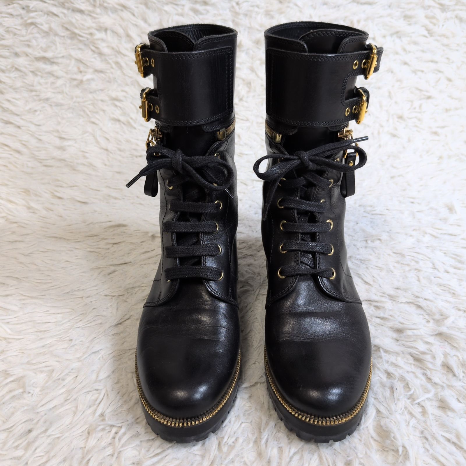 ️SERGIO ROSSI セルジオロッシ ダブルベルトショートブーツ ミドル ブラック 黒 ゴールド金具 レースアップ 36 イタリア製 23cm相当 参考定価129 150円