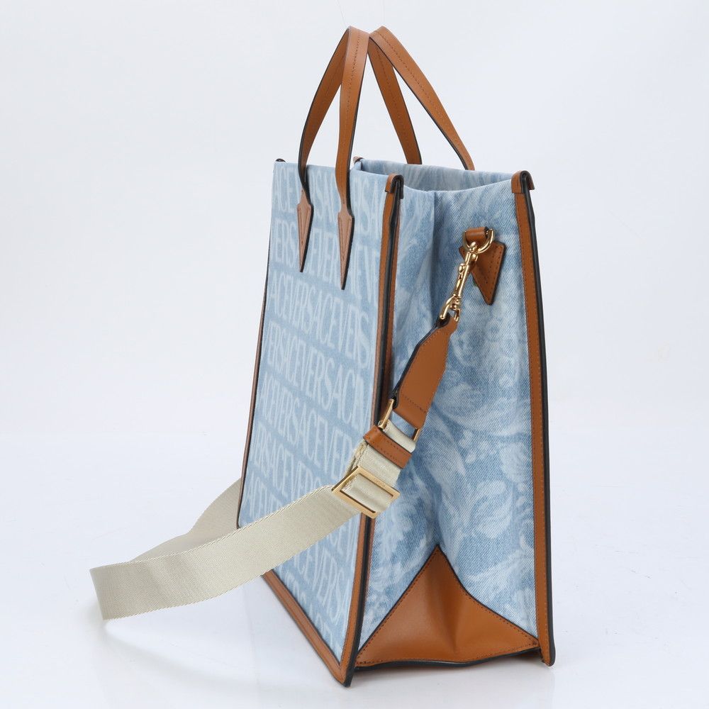 新品同様 ヴェルサーチ オールオーバー デニム レザー 2WAY トート