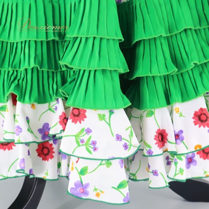 フラメンコ 衣装 ツーピース トップス ファルダ スカート ブラウス セットアップ 上下セット 黄緑 花柄 フリル ボランテ ホワイト 白 グリーン系 フラメンコ衣装 セットアップ おしゃれ かわいい レディース スカートフリル 花柄スカート