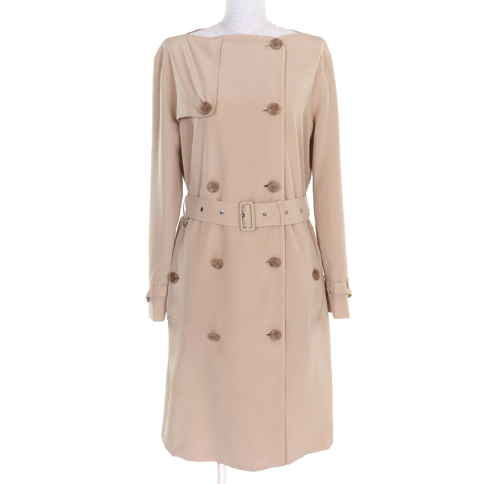 ♥品△BURBERRY バーバリー 8054643 シルク100％ ベルト付き ノーカラー ロング トレンチコート 薄手 ベージュ 40 正規品 レディース