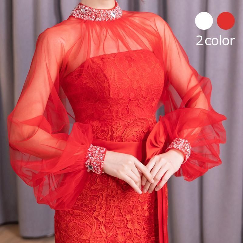 ウエディングボレロ レッド ウェディングボレロ ウェディングショール チュール ブライダル 結婚式 二次会 披露宴 花嫁 長袖 アレンジ jjtug