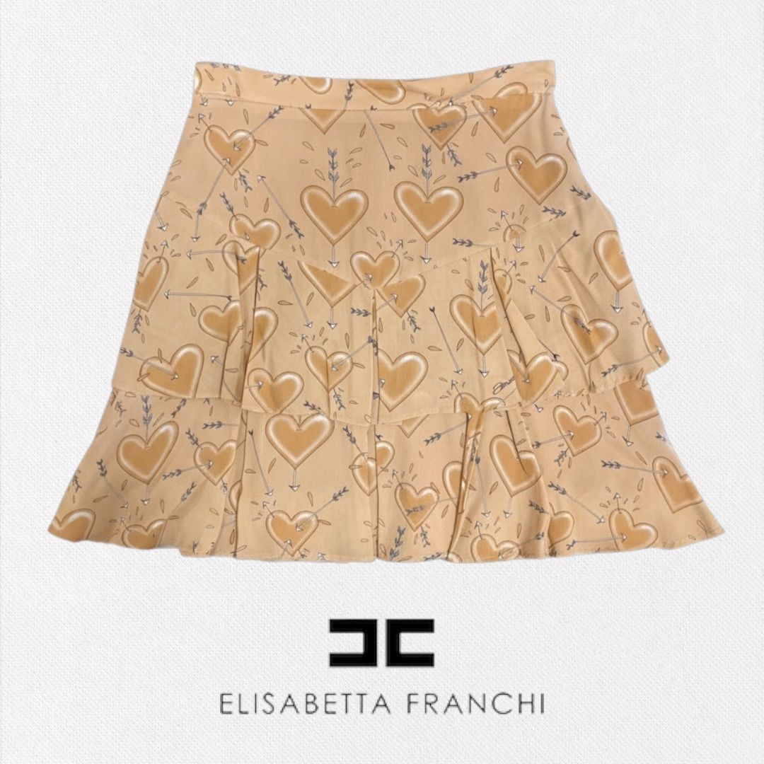 エリザベッタフランキ ELISABETTA FRANCHI リボンスカート 40 サイズ ベージュ レディース ハートフリルスカート イタリア製