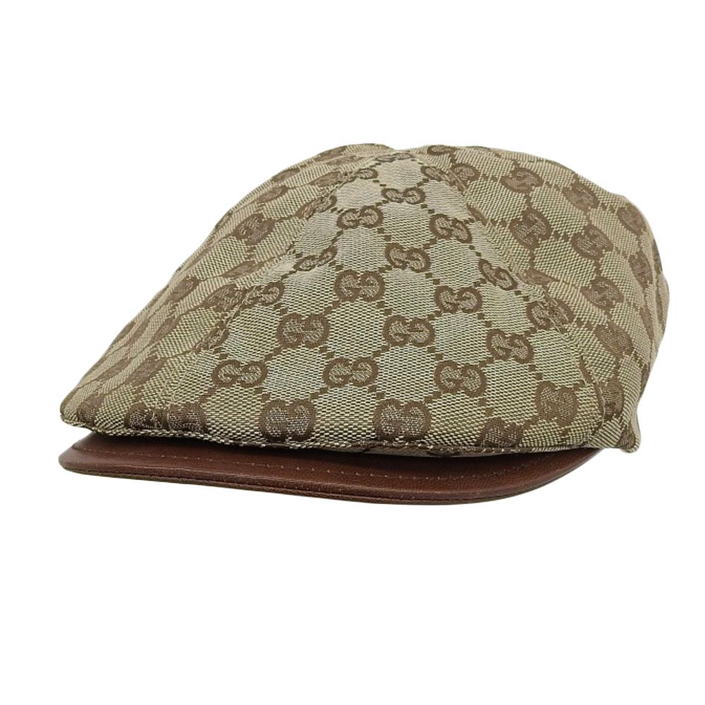 GUCCI グッチ シェリーライン レザー切替 GG柄キャンバス ハンチングキャップ M ベージュ メンズ 古着