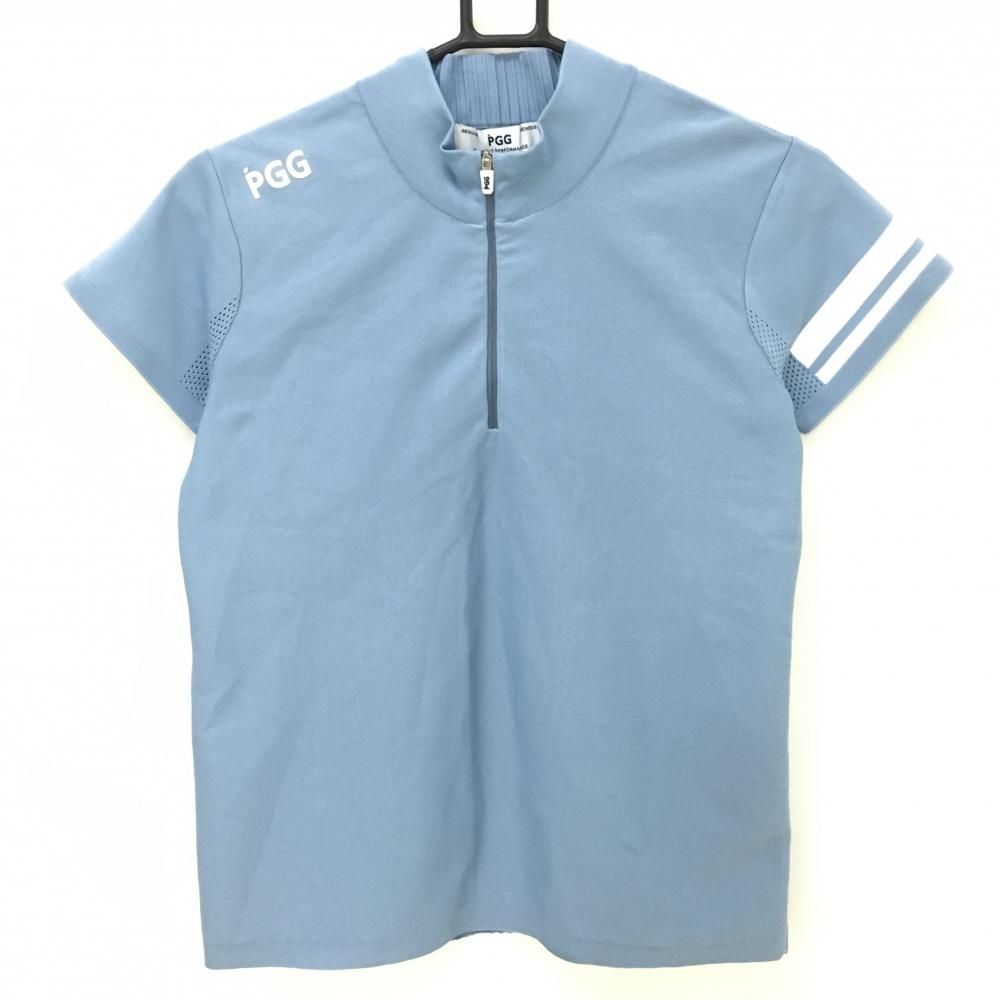 美品】PGGパーリーゲイツ 半袖ハイネックシャツ ライトブルー×白
