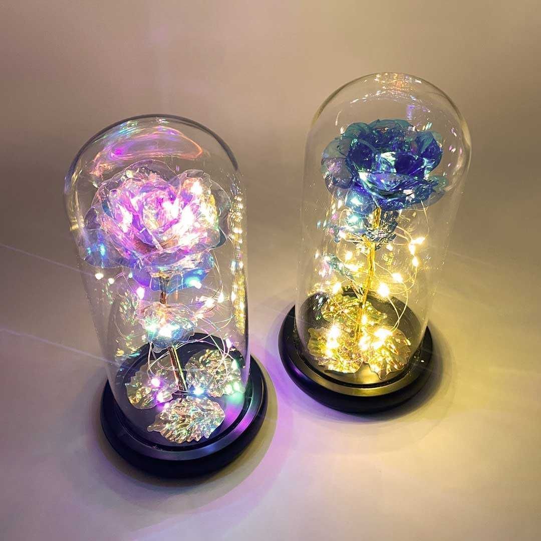 薔薇　バラ　ガラスドーム　オブジェ　LED 3D インテリア　ブルー　ローズ　癒 薔薇 ローズ ガラスドーム LED 3D オブジェ 幻想的インテリア