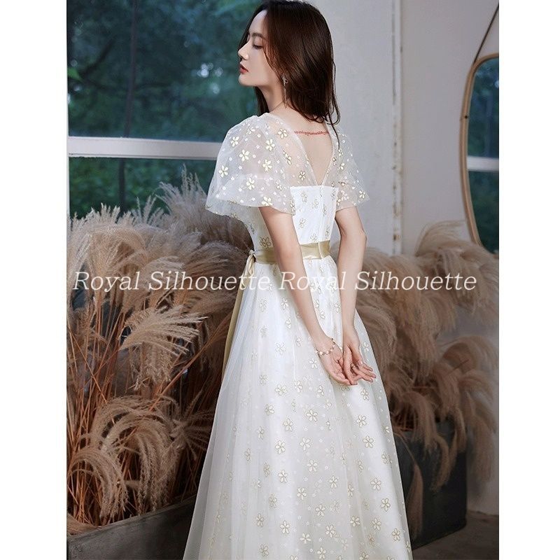 ドレス パフスリーブ 半袖 白 シアー 花柄 パーティー 結婚式 ドレス Aライン レース 花柄 白 パフスリーブ パーティー 結婚式