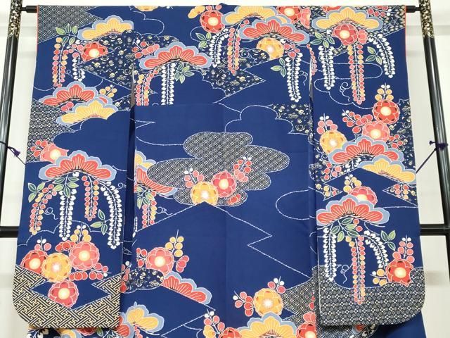 逸品　【栗山吉三郎　和染紅型　栗山紅型　紅型】　振袖 平和屋本店□極上 和染紅型 栗山紅型 栗山吉三郎 振袖 舞花文 傘 黒地