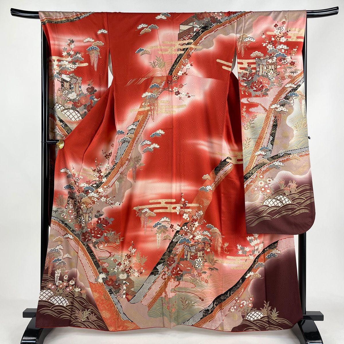 振袖 身丈164cm 裄丈66.5cm M 袷 鈴乃屋 御所車 草花 金糸 金彩 朱色 正絹 秀品