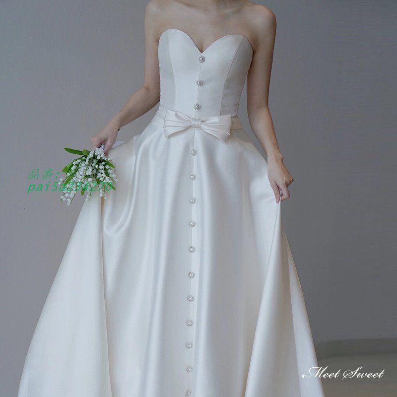 ウェディングドレス ロングドレス スレンダーライン Aラインドレス ベアトップ パールボタン ブライダル ウエディングドレス 前撮り 花嫁 結婚式 二次会 pai5a234270