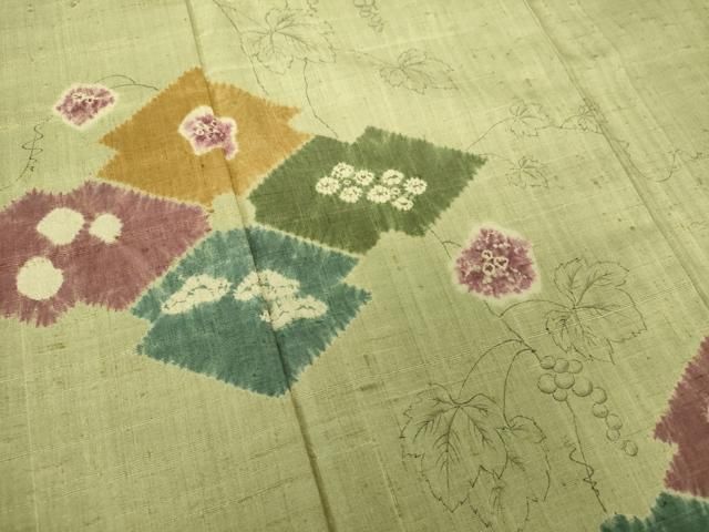 平和屋着物○生紬 訪問着 絞り 手描き 葡萄蔦の葉菱文 正絹 逸品