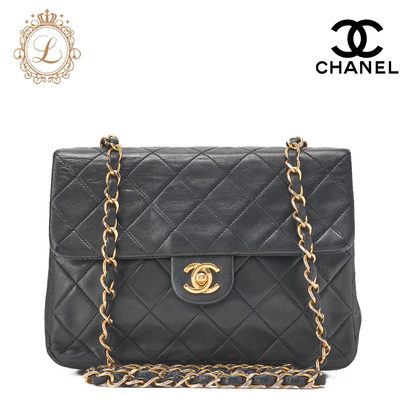 CHANEL シャネル チェーンショルダーバッグ ミニマトラッセ 20cm ラムスキン 黒 シングルフラップ ターンロック ゴールド金具 レディース 送料無料