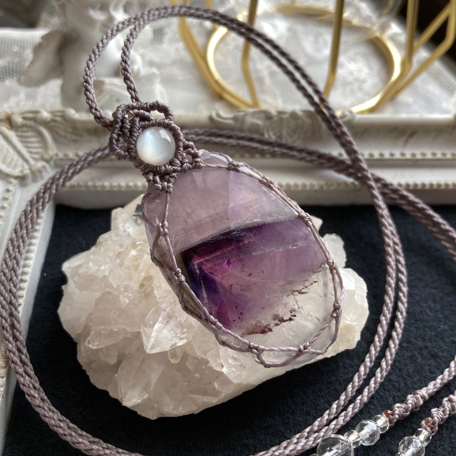 シェブロンアメジスト マクラメ編みネックレス 金属アレルギー対応 2月