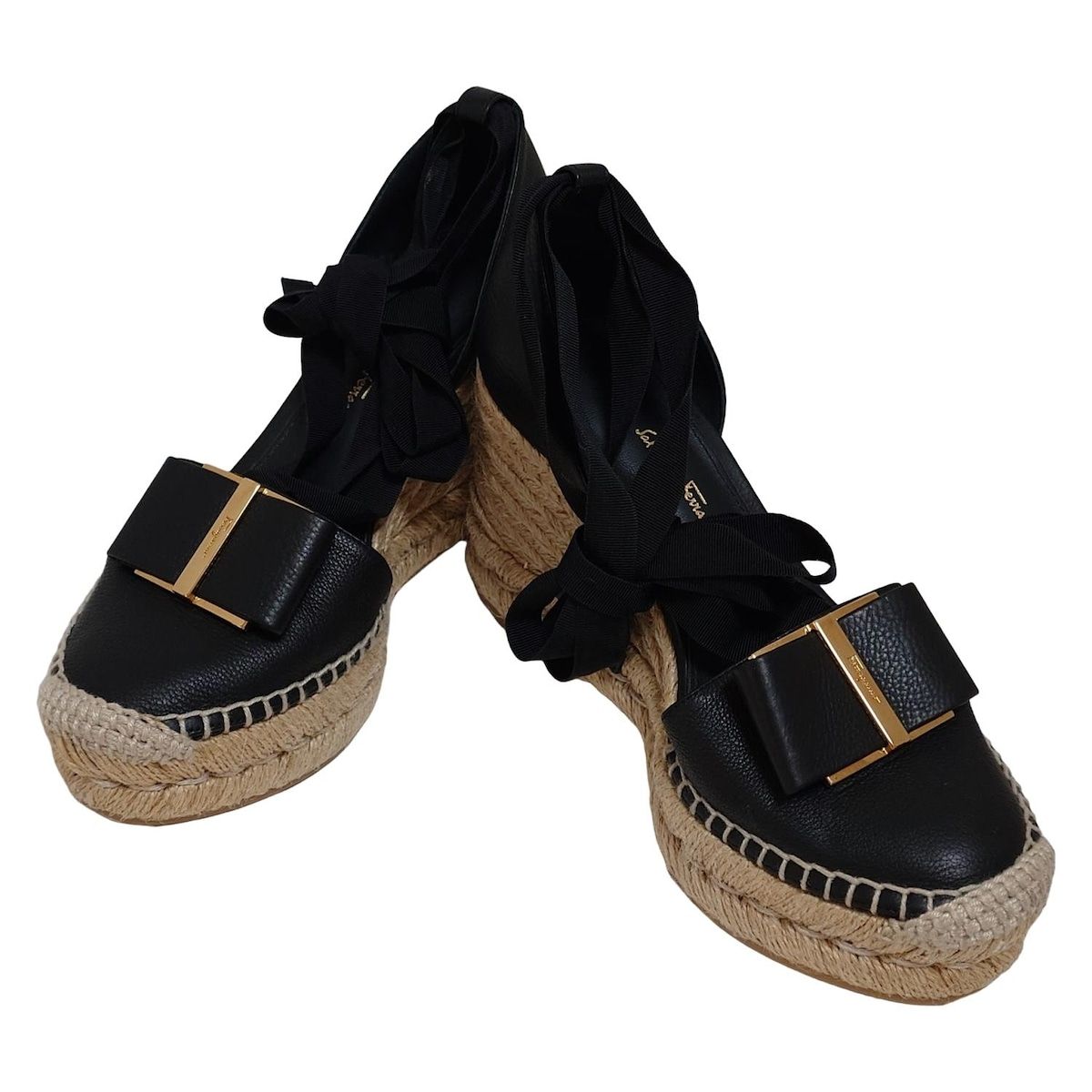 サルバトーレフェラガモ サンダル 5 1|2 C レディース エスパドリーユ ウェッジ 黒 ヴァラ|リボン|バレリーナ リネン レザー