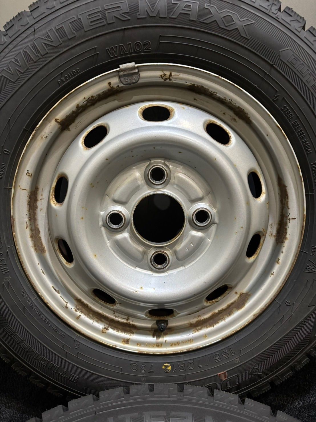 イボ付 155 70R12 DUNLOP WINTER MAXX WM02 23年製 スバル 純正 スチール 12インチ 4J 45 100 4H スタッドレス 4本 プレオ 南1-K185