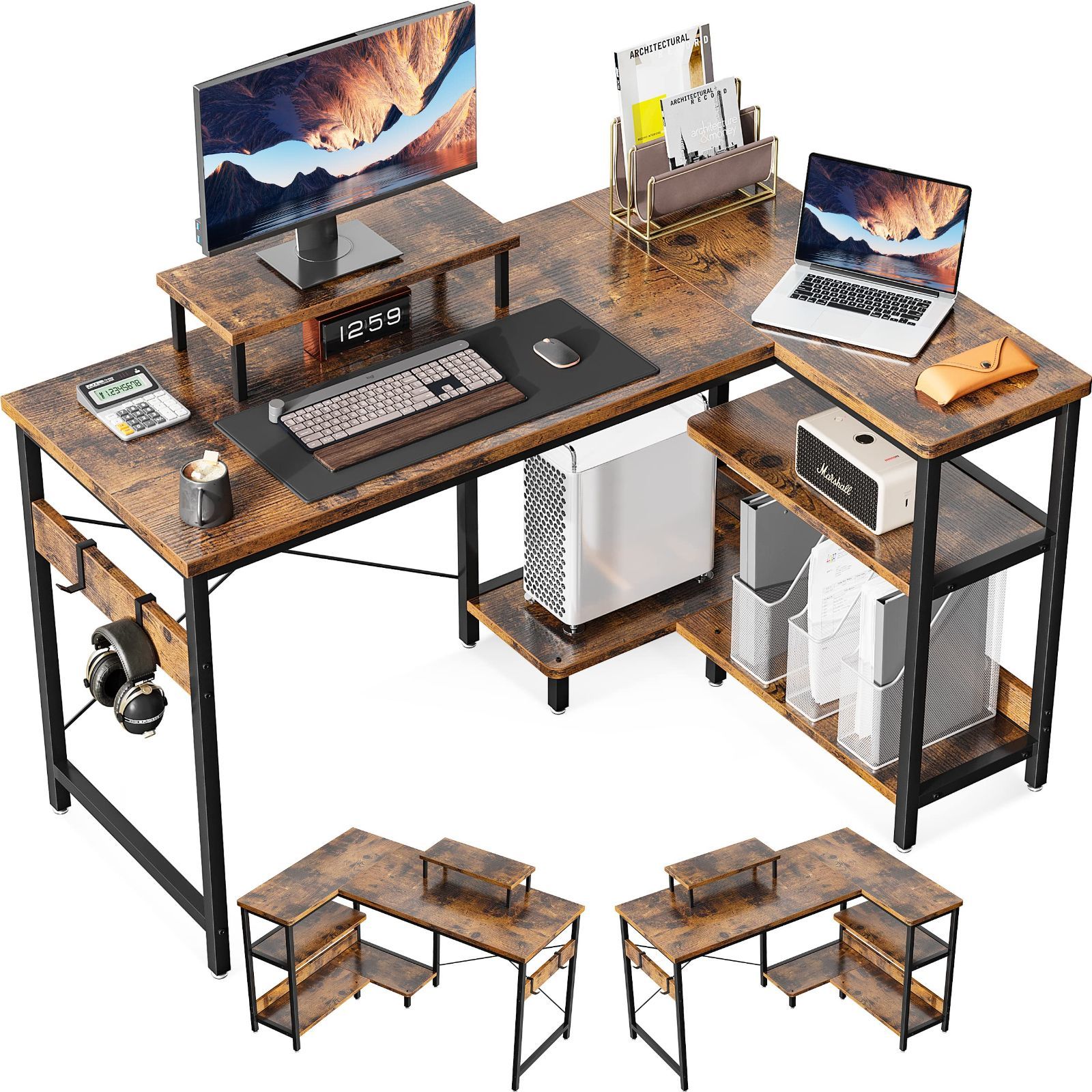ODK パソコンデスク l字デスク ゲーミングデスク L字型 デスク 机 幅120cm ラック付き pcデスク コーナーデスク 収納 オフィスデスク 在宅勤務 書斎 組立簡単 ビンテージ