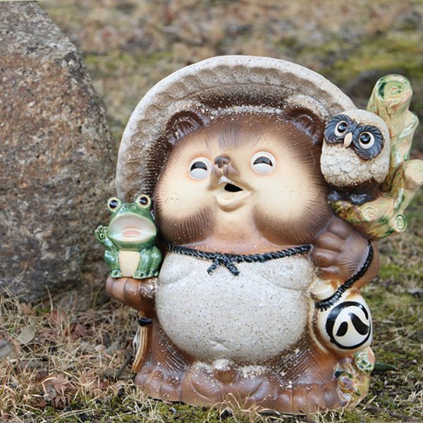 信楽焼 満願成就狸 13号 狸の置物 カエルとフクロウ 信楽焼 たぬき 置物 高さ42cm 陶器 ふくろう かえる 13号満願