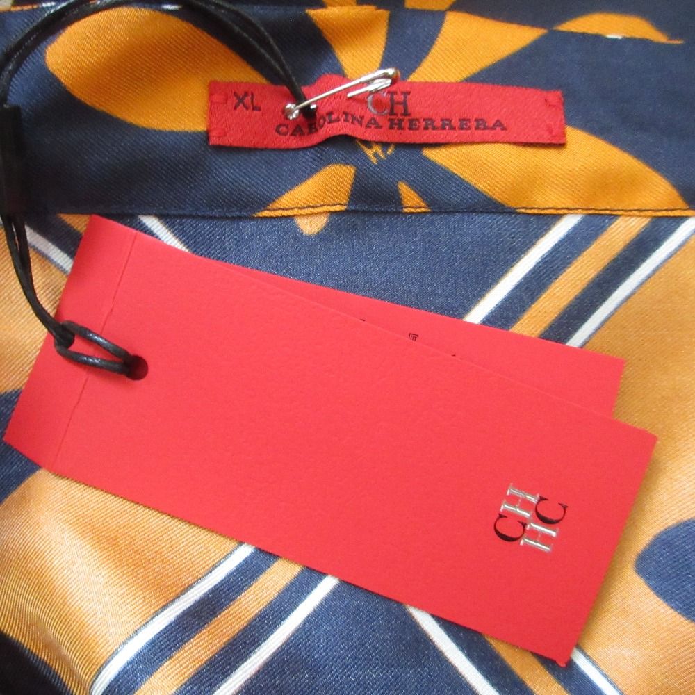 ♥ CAROLINA HERRERA キャロライナヘレラ 総柄 シルク オーバーサイズ シャツ ブラウス XL オレンジ ネイビー レディース 古着 NICORILABO_COM