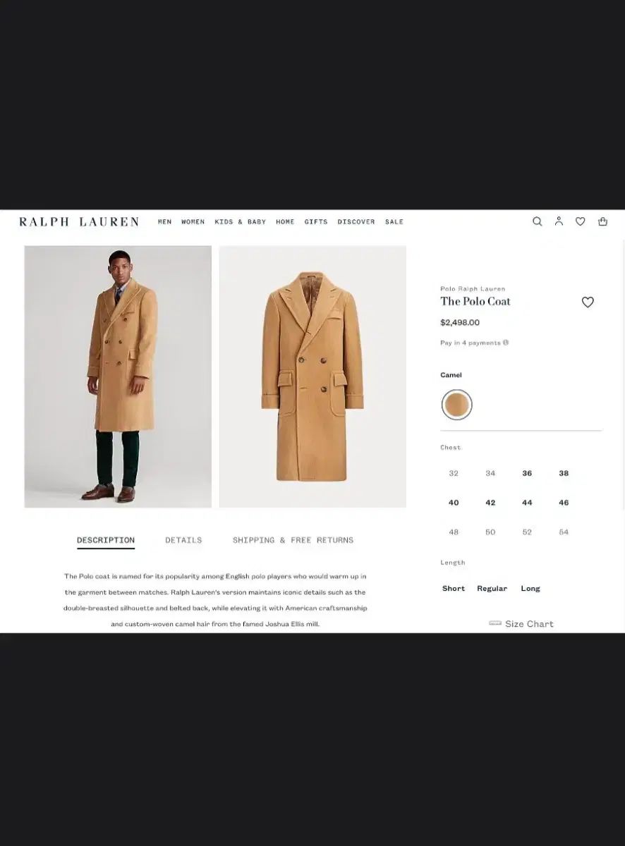ラルフローレン キャメルヘア ポロコート 42r