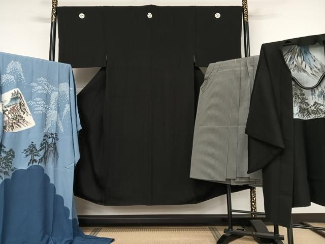 平和屋着物●男性 黒紋付 羽織 長襦袢 袷 行灯袴 ４点セット 正絹 AABA4564np