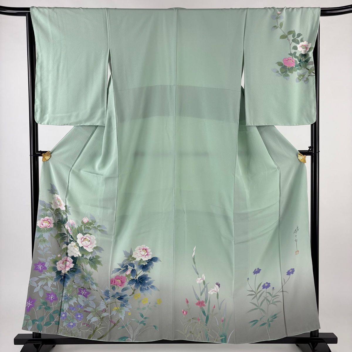 バイセル 着物 美品 名品 袋帯 緑 二代目清次郎 牡丹 草花 ぼかし 箔 お太鼓柄 正絹 ☆☆☆☆ 小紋 身丈158cm 裄丈63.5cm S 袷 二代目清次郎 落款あり 桜 はなびら