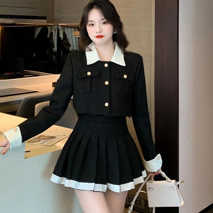 韓国 セットアップ 制服風 トップス つけ襟 プリーツスカート 韓国 女の子 セットアップ ジャケット プリーツスカート 韓国