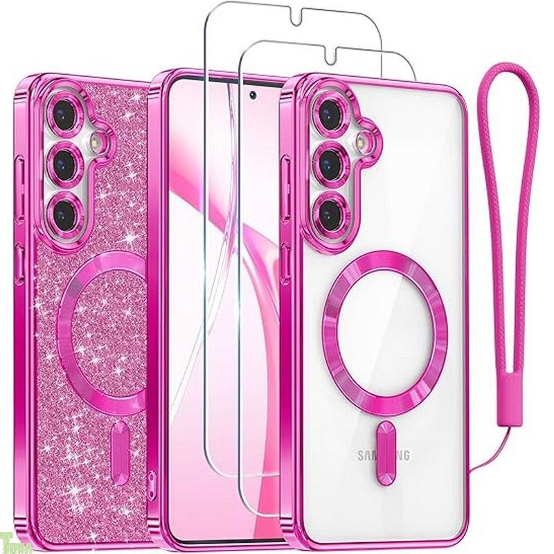 Meifigno ケース Samsung Galaxy S25 6.2インチ用 [MagSafe対応] [スクリーンプロテクター2枚] [グリッターカードu0026リストストラップ] サラウンドレンズ保護 Samsung Galaxy S25 ケース用 ホットピンク