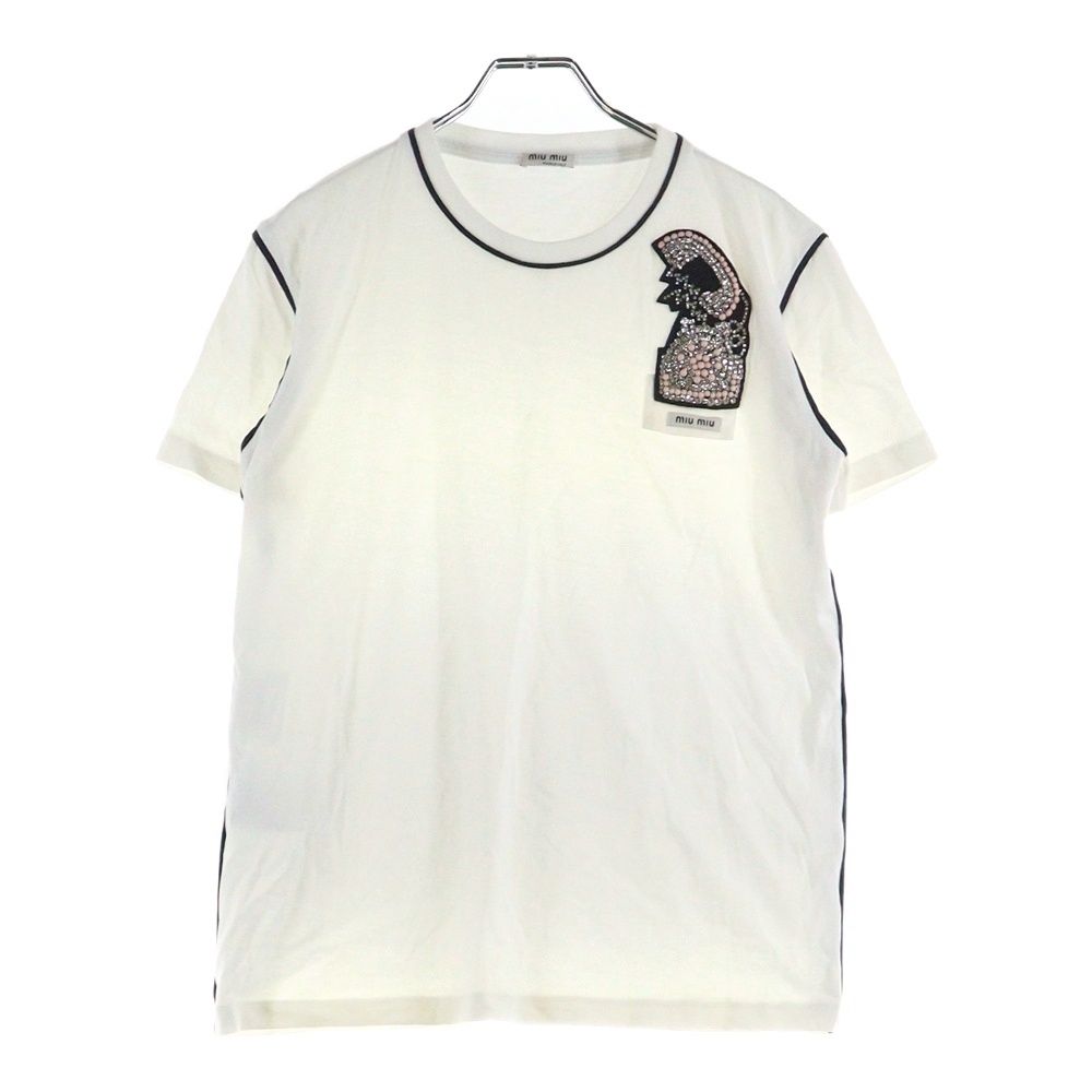 miumiu ミュウミュウ 17SS ラインストーン 電話モチーフ ワッペンロゴ パイピングデザイン クルーネック 半袖Tシャツ カットソー ホワイト レディース MJM991