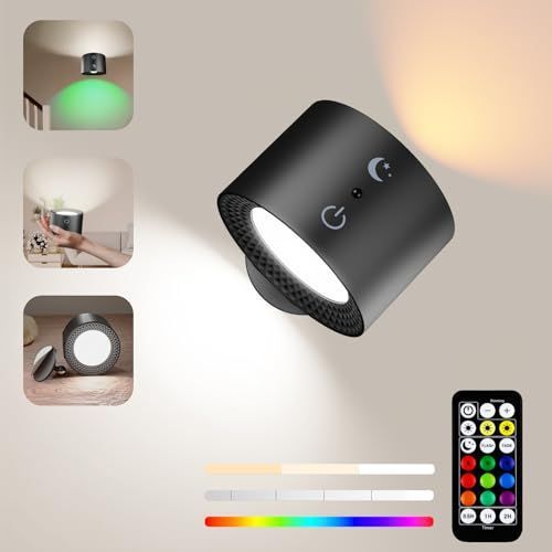 9色RGB USB-C充電式 壁掛けライト ウォールランプ ベッドライト 壁ランプ、間接照明 ウォールライト リモコンとタッチ付き寝室壁掛けライト、タイマー機能、360回転ヘッドランプに適用